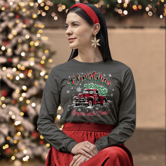 Kerusso Christmas Long Sleeve T-Shirt Christmas Tree Truck Kerusso® apparel Fall 2024 Long Sleeve Long Sleeve Shirts Mens New Women's